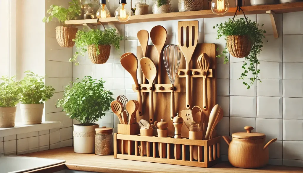 Wooden Kitchen decor on wooden slape