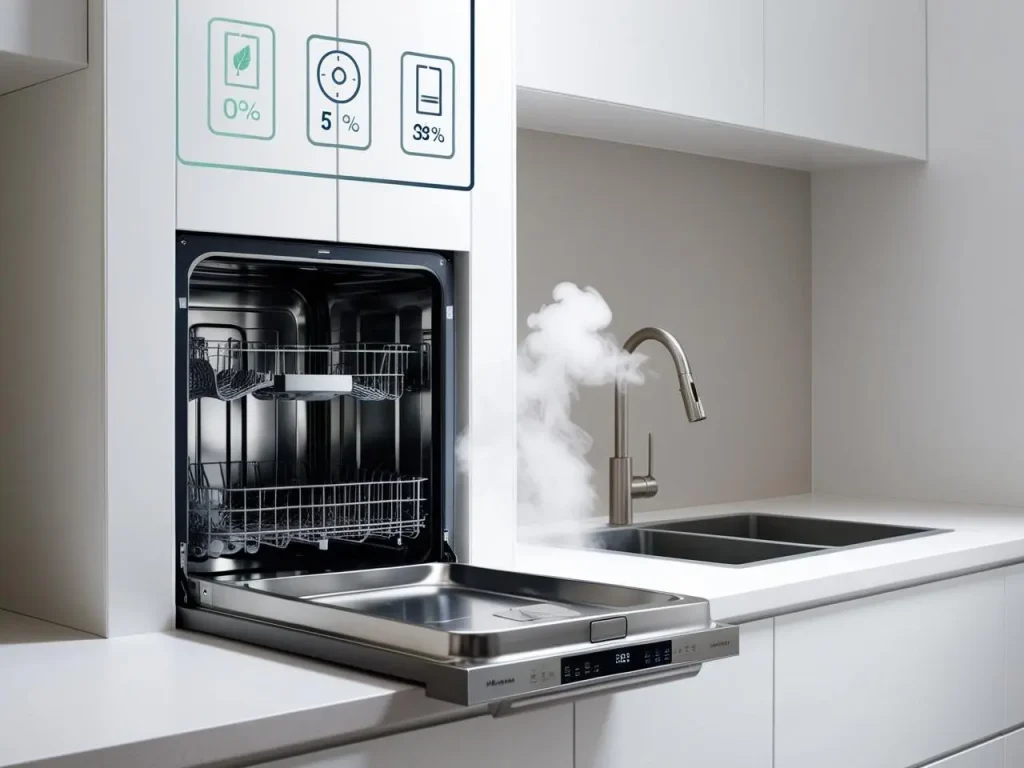 A close-up of a countertop dishwasher mid-cycle with steam escaping slightly