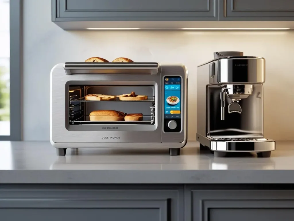 A smart convection toaster oven with its touchscreen display active