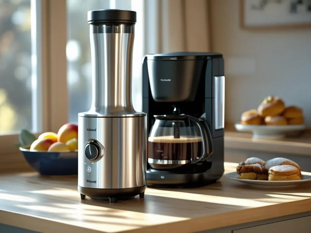 Close-up of a high-speed blender and a programmable coffee maker