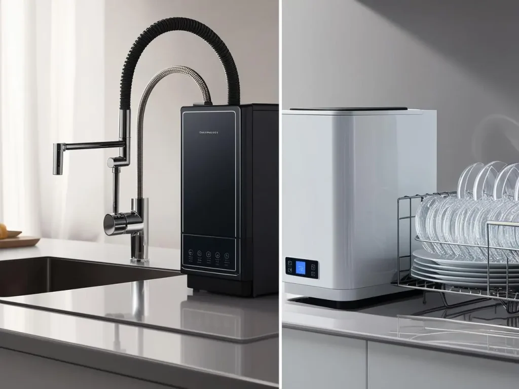 Detailed side-by-side visual of two countertop dishwashers on a kitchen counter
