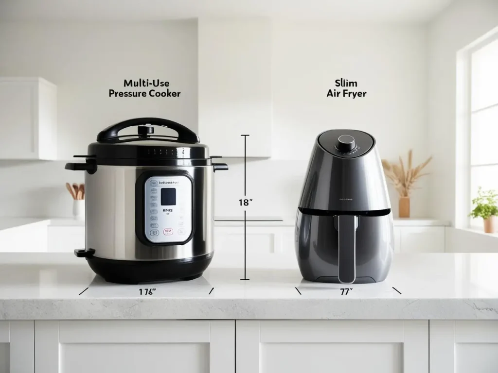 Side-view of a multi-use pressure cooker and a slim air fryer