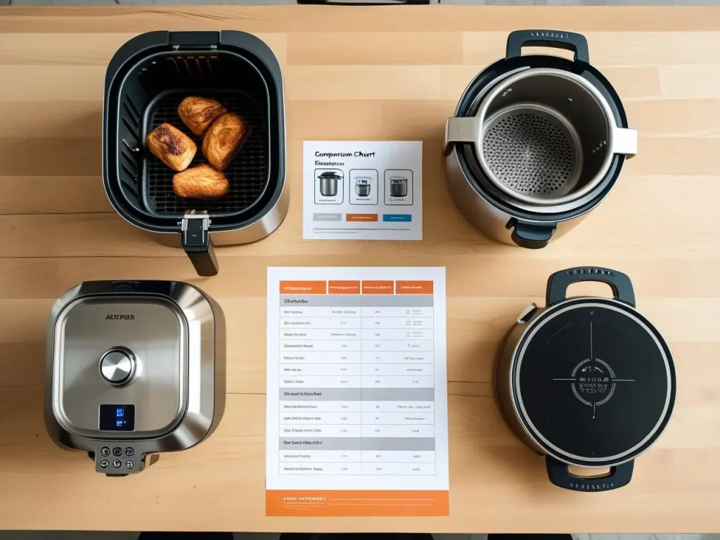 Top-down view of four different countertop kitchen appliances