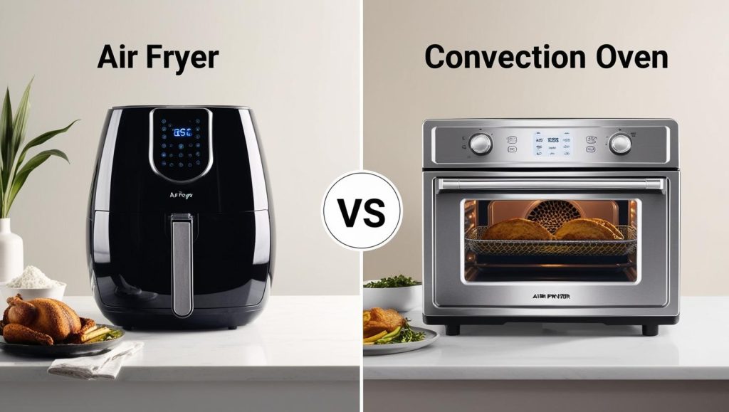 Air fryer and convection oven placed side by side for comparison on a kitchen countertop