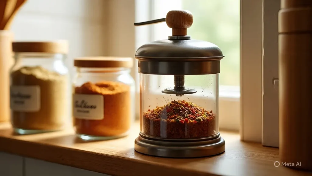 manual spice grinder put on the shielf in kitchen