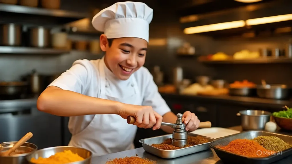 chief grinder spice with manual spice grinder in restaurant kitchen